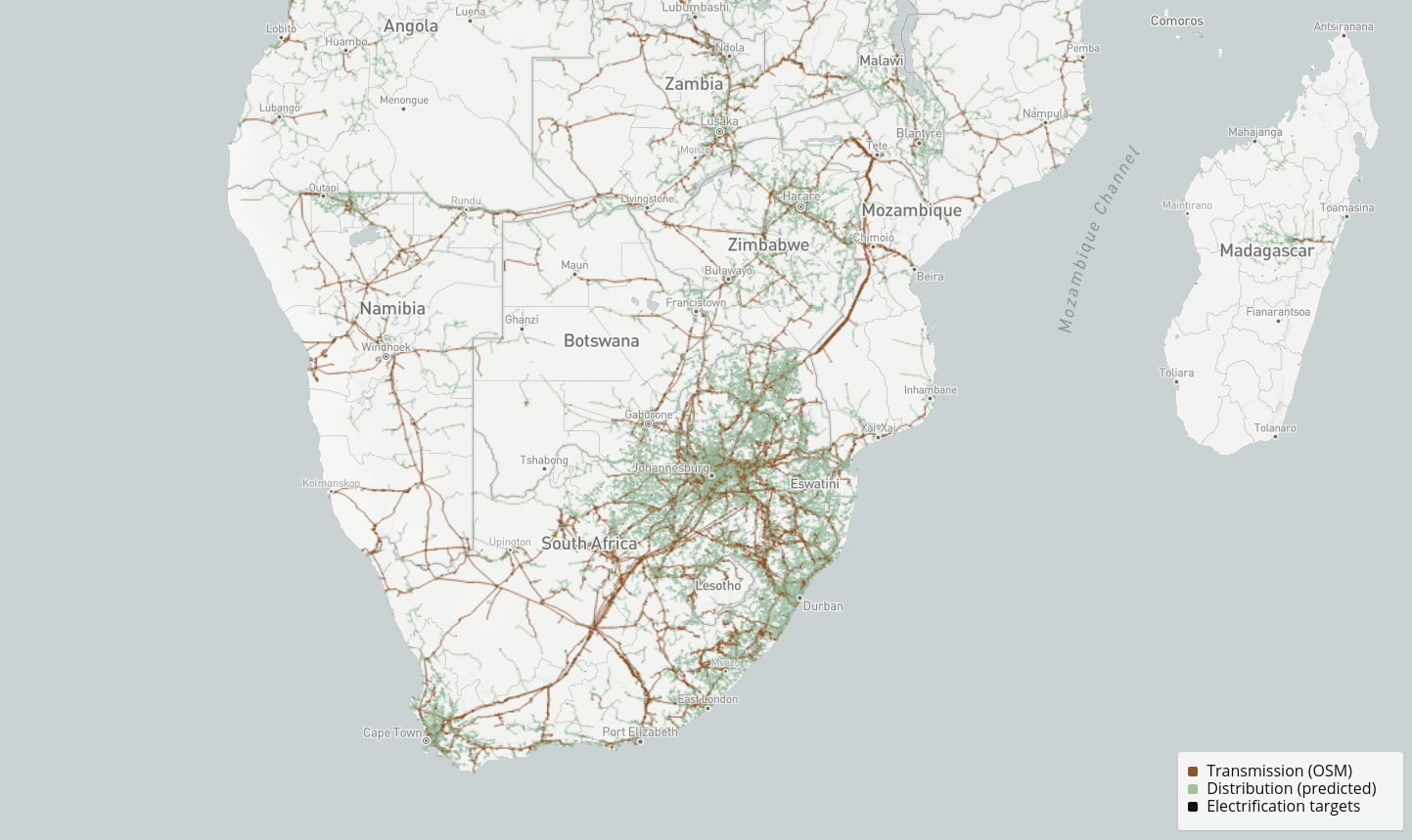 A screenshot from gridfinder.org showing Southern Africa.